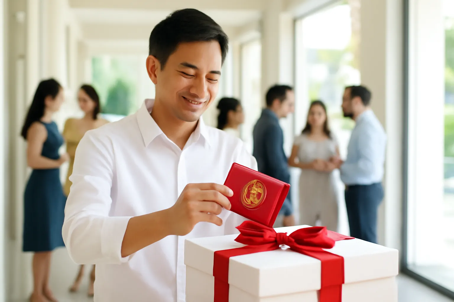 Chàng trai bỏ phong bì đỏ vào thùng mừng ở sảnh cưới