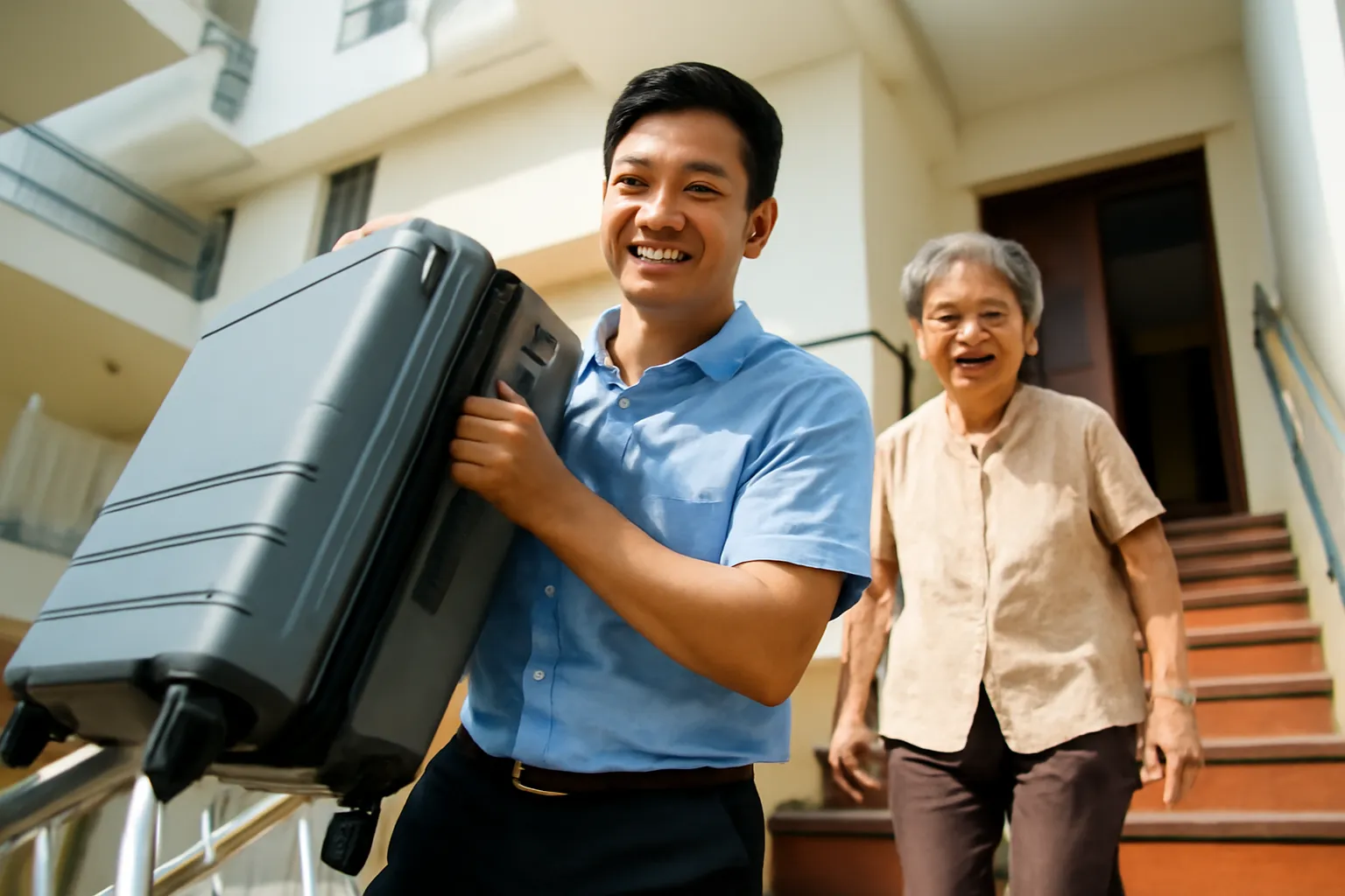 Người đàn ông xách hành lý nặng của họ hàng lên cầu thang chung cư, cười mệt mỏi