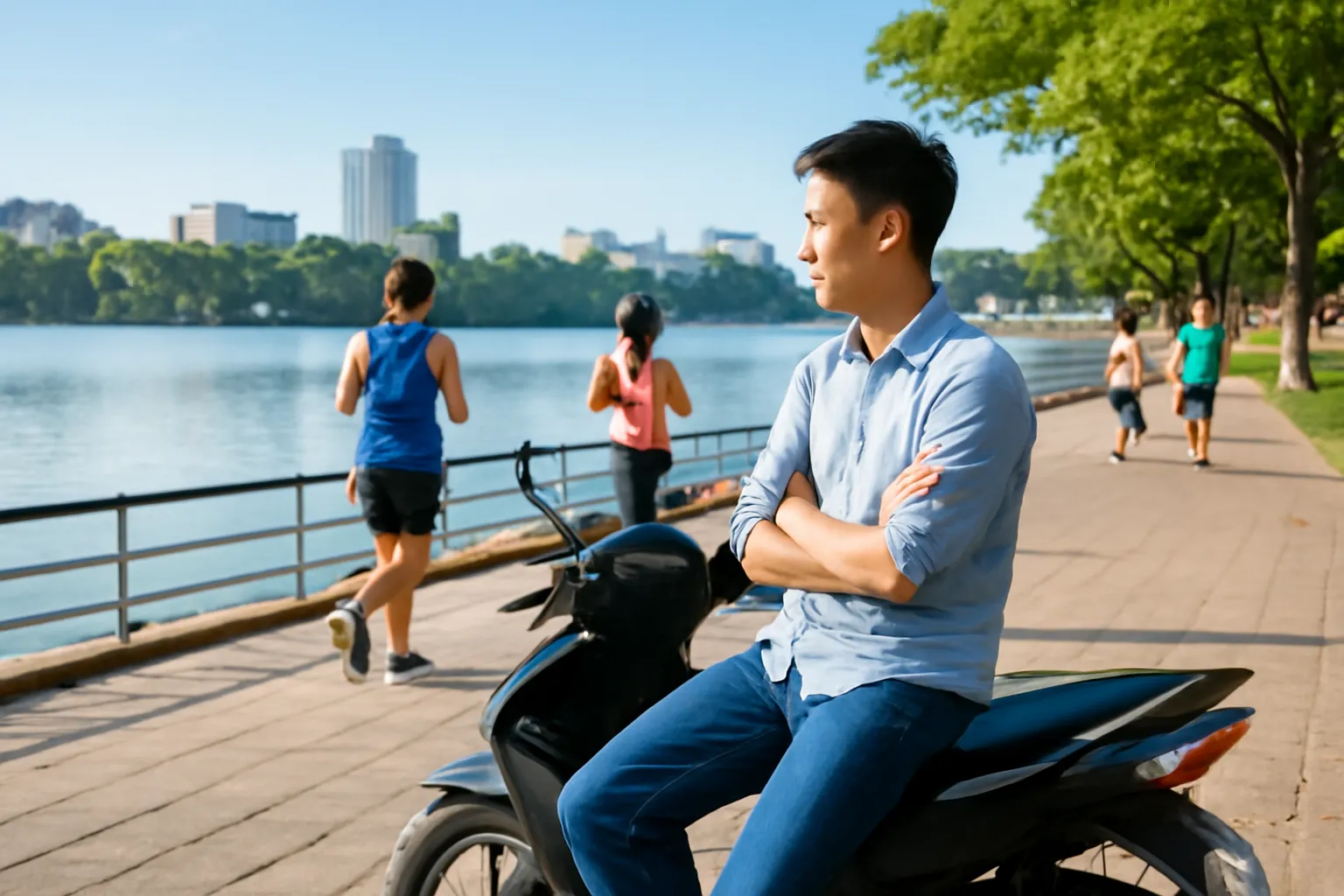 Chàng trai ngồi trên xe máy dựng bên hồ, nhìn người chạy bộ buổi sáng