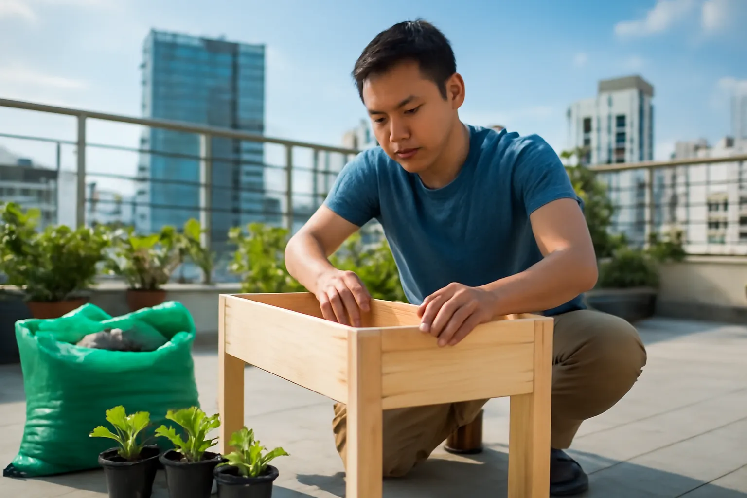 Người đàn ông đóng thùng gỗ trồng rau trên sân thượng