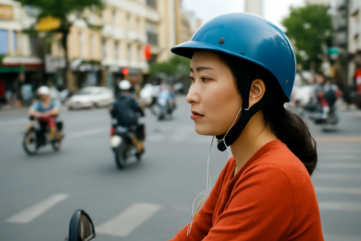 Người phụ nữ đeo tai nghe ngồi sau xe ôm dừng ở ngã tư