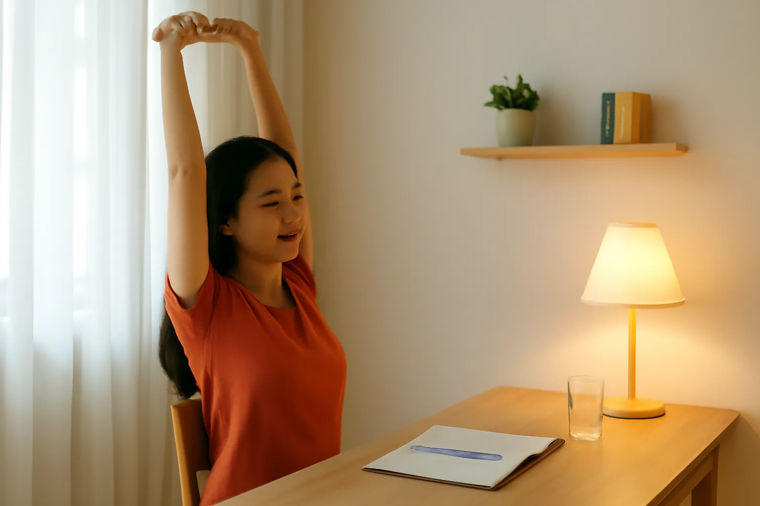 Người phụ nữ vươn vai bên bàn học dưới ánh đèn bàn buổi tối