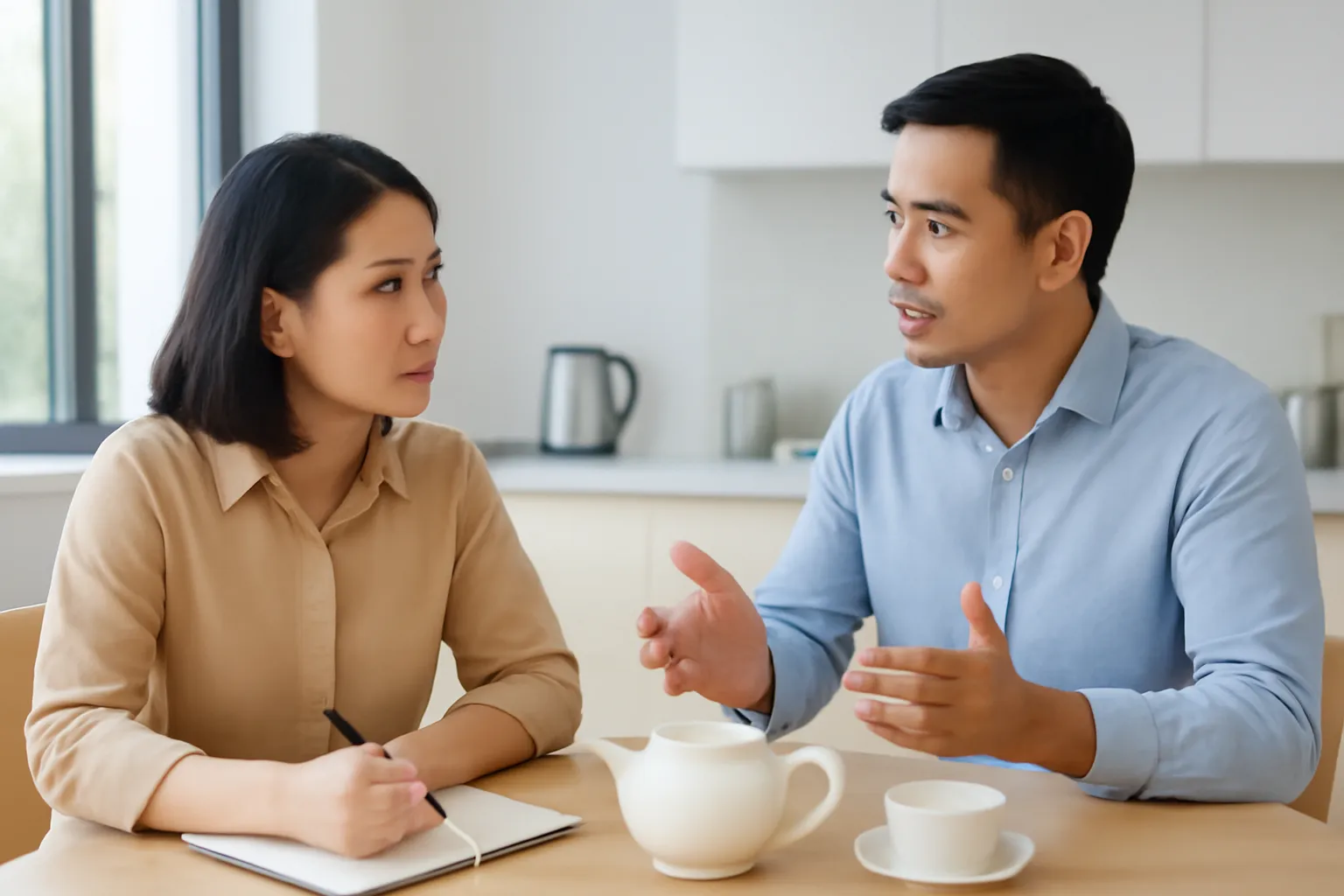 Hai đồng nghiệp trò chuyện bên ấm trà, một người ghi chép