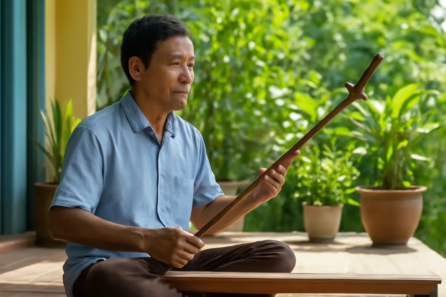 Người đàn ông trung niên ngồi tập đàn bầu trên hiên nhà
