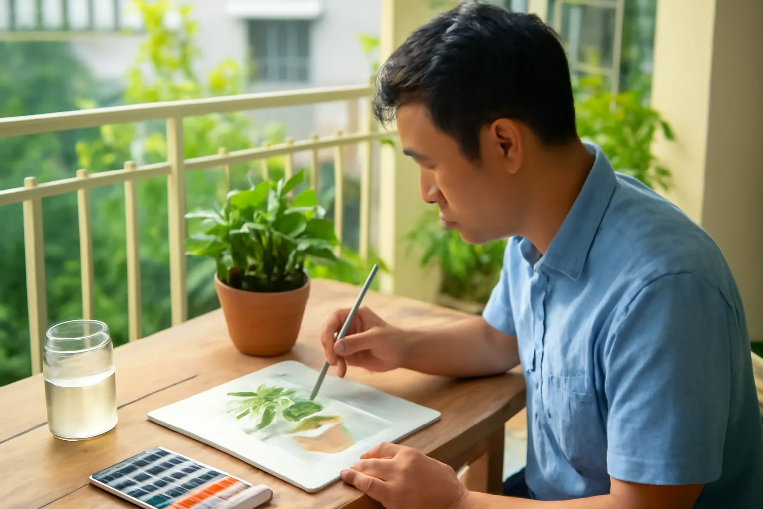 Người đàn ông ngoài ba mươi tập vẽ màu nước bên bàn gỗ ngoài ban công