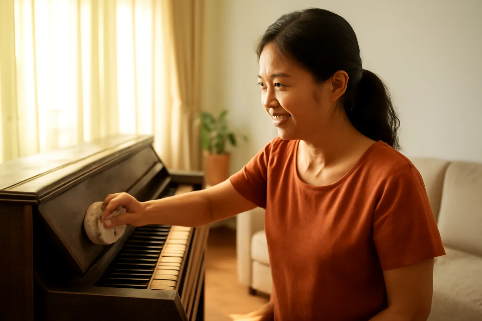 Người phụ nữ lau bụi chiếc đàn piano cũ trong phòng khách
