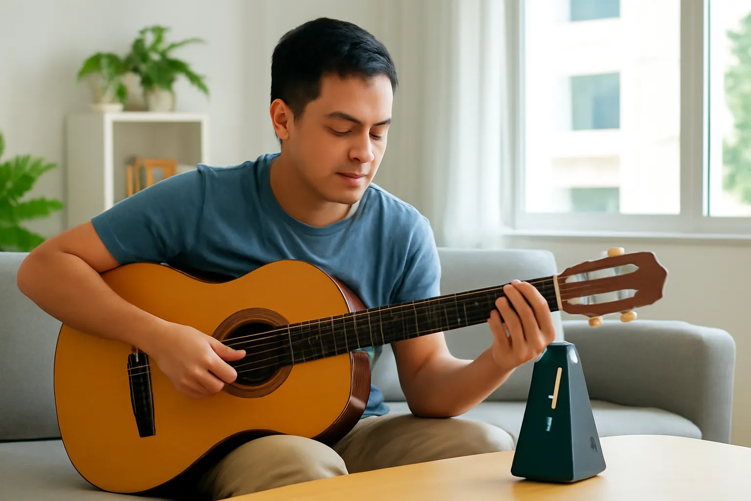 Người đàn ông tập đàn ghi ta chậm rãi bên máy đếm nhịp