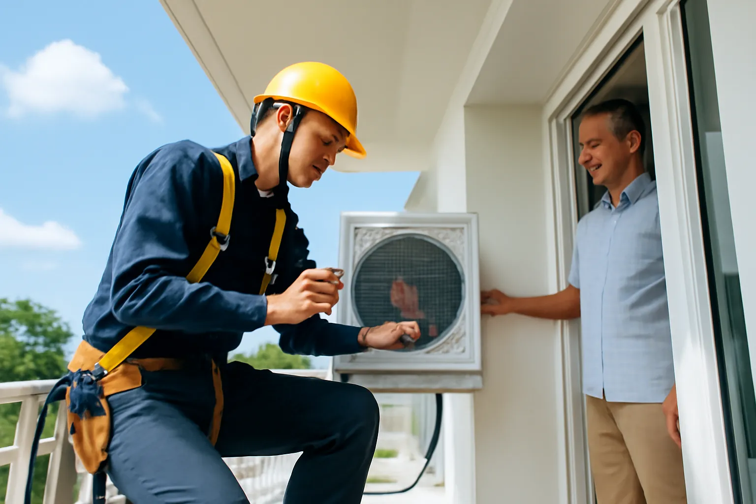 Chàng thợ trẻ lắp cục nóng máy điều hoà ở ban công nhà dân