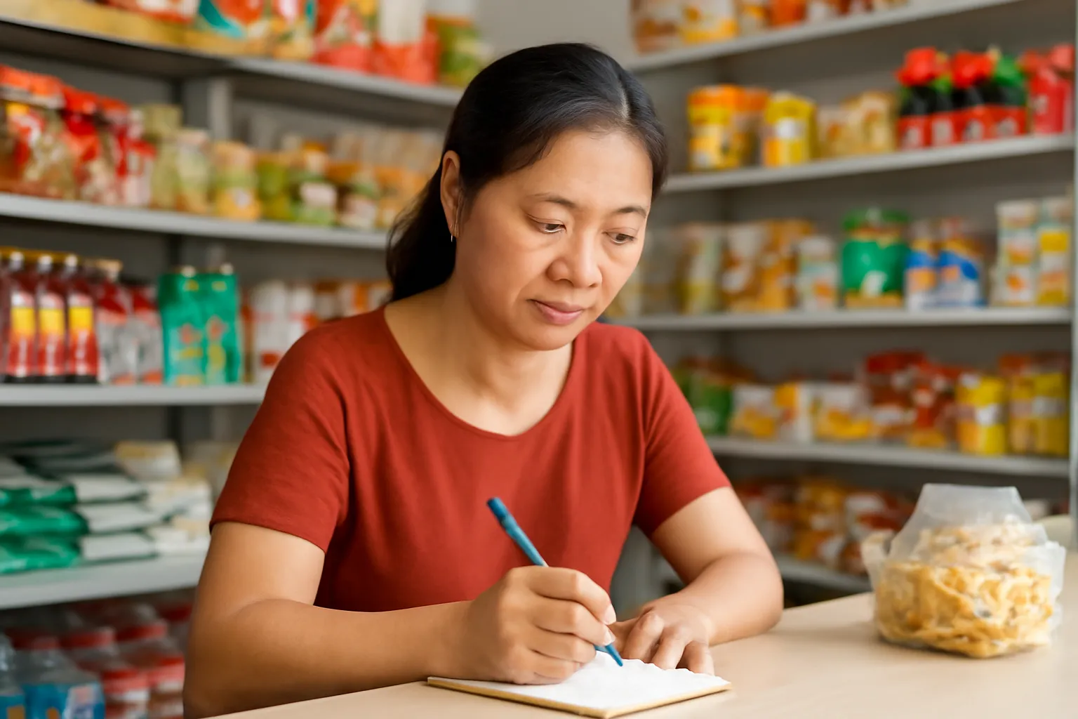 Người phụ nữ bán tạp hoá ghi chép vào sổ nhỏ bên quầy hàng