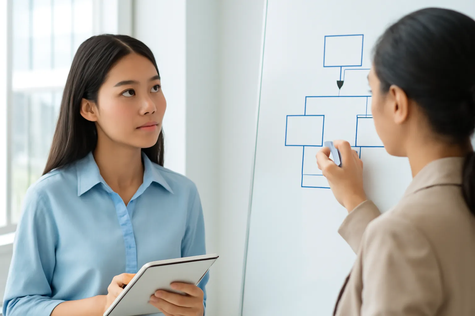 Cô thực tập sinh đứng quan sát đồng nghiệp vẽ sơ đồ lên bảng trắng