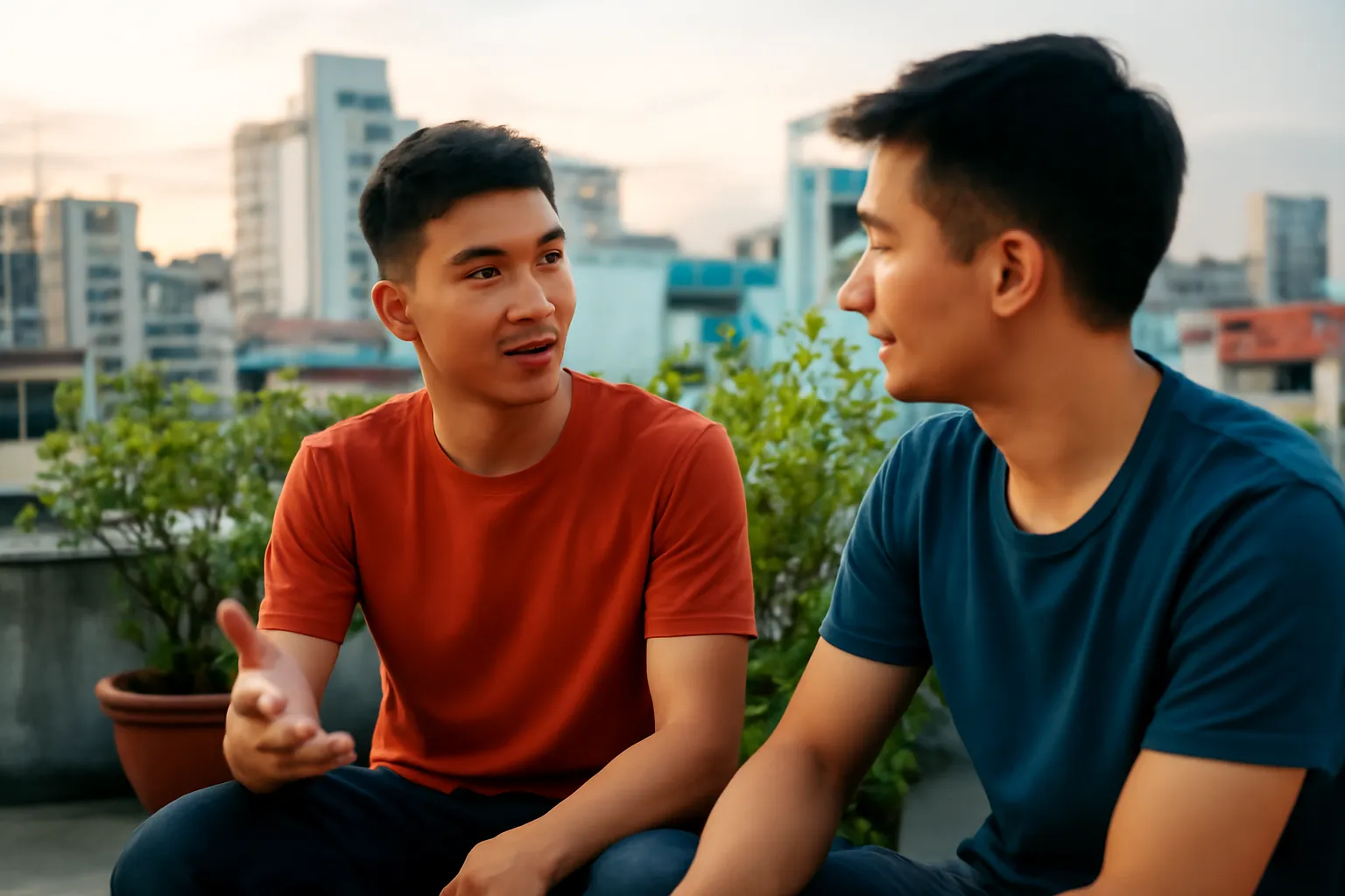 Hai người bạn trẻ ngồi trò chuyện trên sân thượng lúc chiều muộn