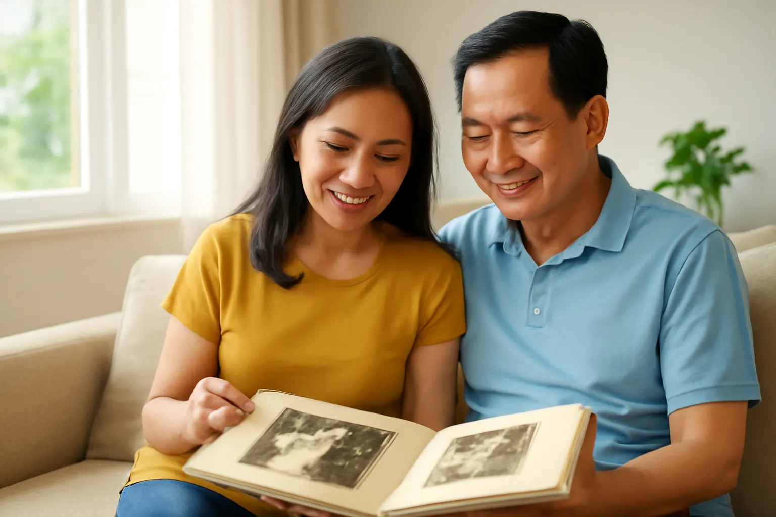 Đôi vợ chồng trung niên cùng xem lại cuốn album ảnh cưới cũ trên ghế sofa