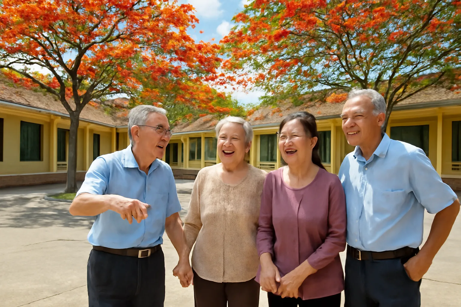 Nhóm bạn học cũ tóc bạc cười vui trong sân trường cũ có hàng cây phượng