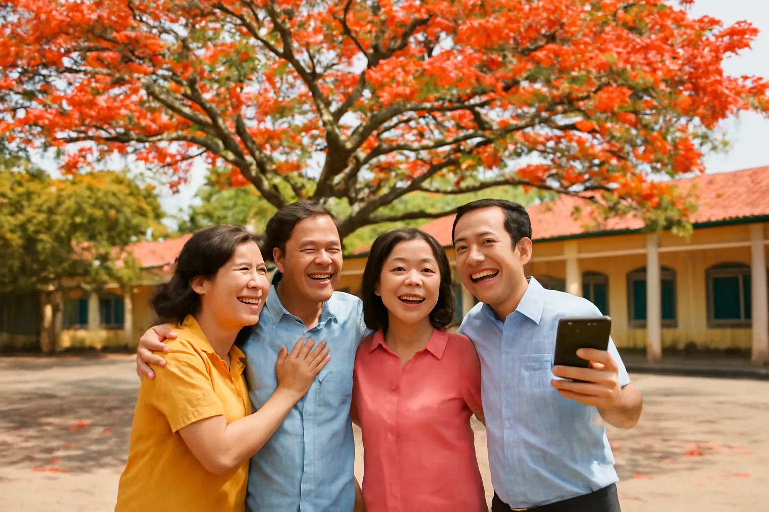 Nhóm bạn học trung niên cười đùa dưới gốc phượng trong sân trường cũ
