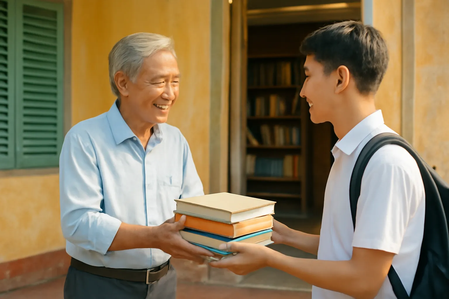 Thầy giáo về hưu trao chồng sách cho cậu học trò trước hiên nhà