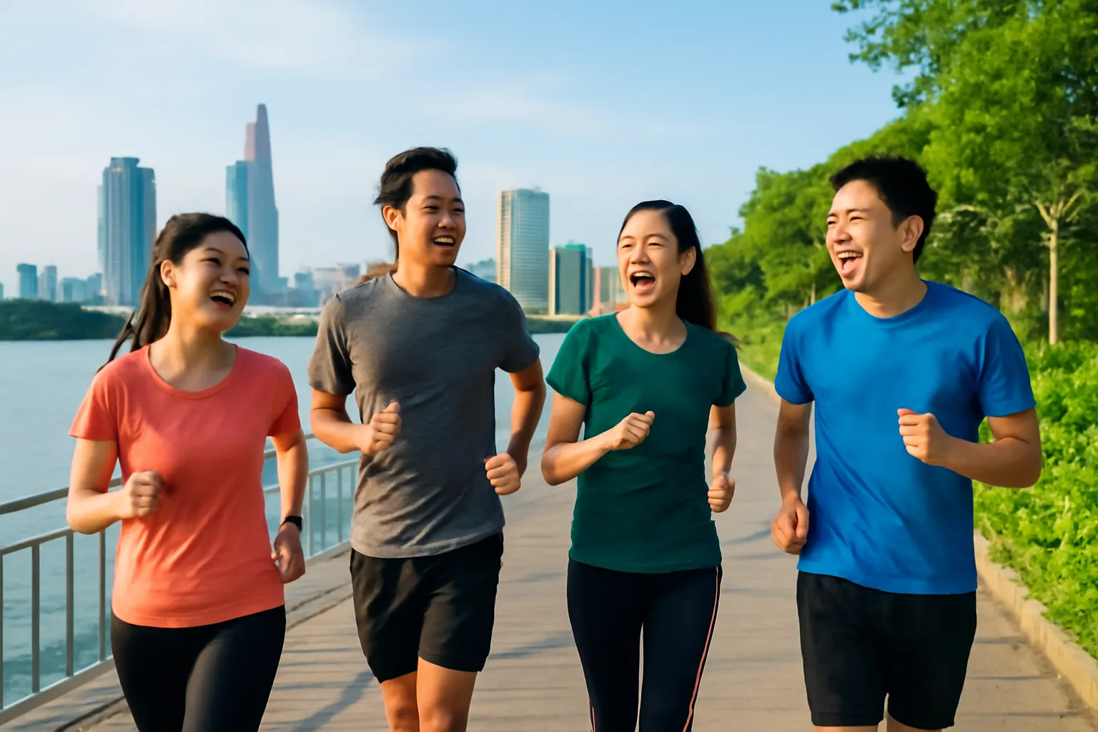 Nhóm bạn trẻ chạy bộ buổi sáng dọc bờ sông, một người mới đang cười cùng cả nhóm