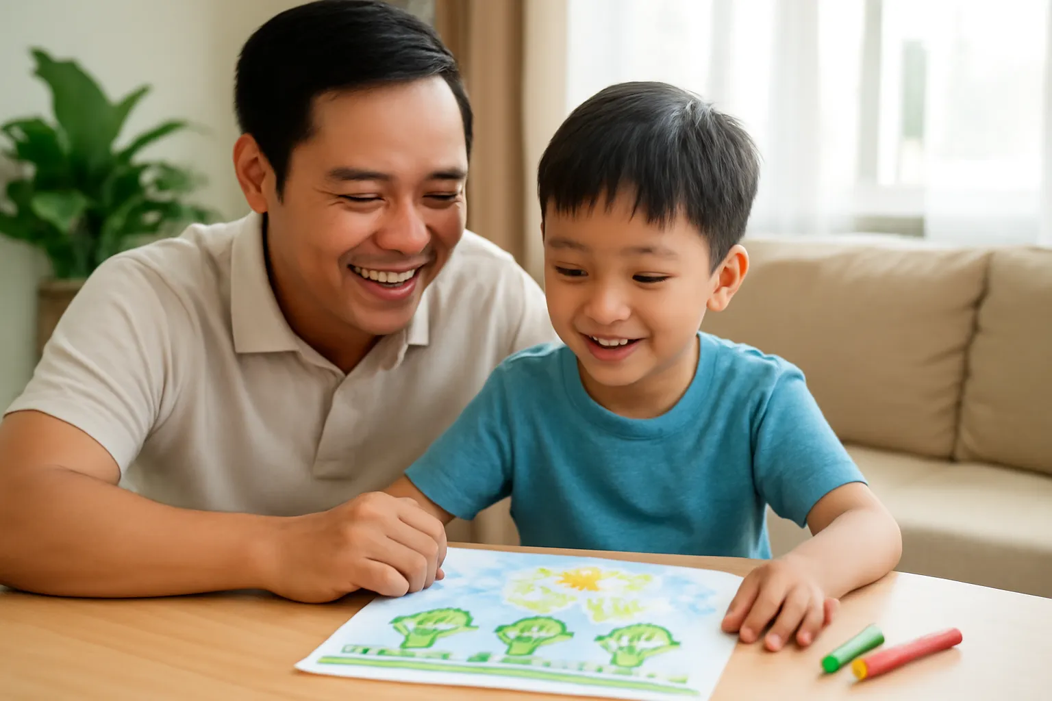 Người bố ngồi bên con trai xem bức tranh con vừa vẽ, cả hai cười