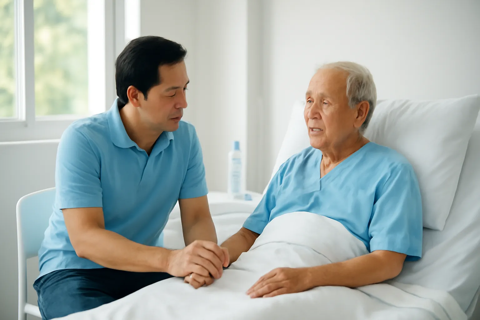 Người con trai ngồi cạnh giường bệnh của bố trong phòng bệnh sáng sủa