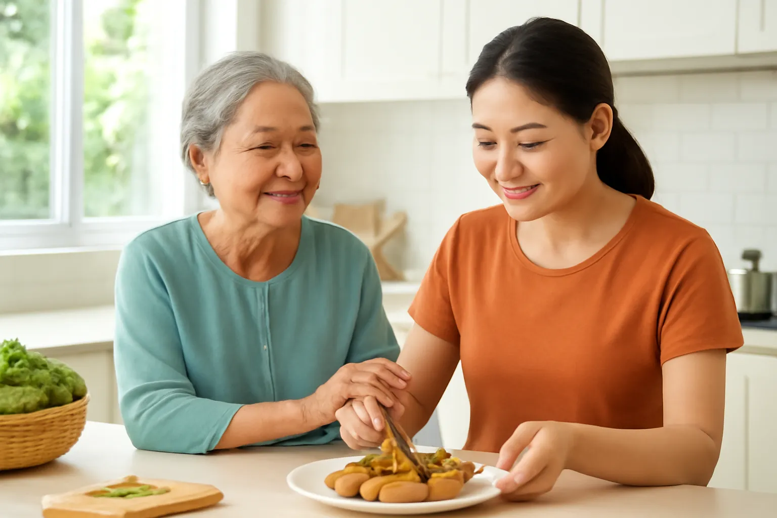 Mẹ chồng mỉm cười khen con dâu đang bày món nem