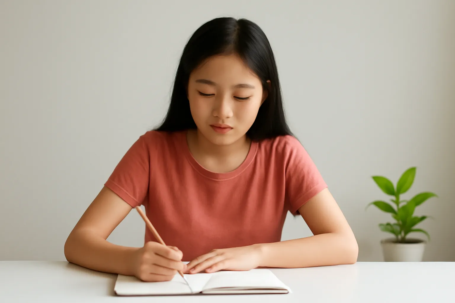 Cô sinh viên ngồi ôn bài ở chiếc bàn trống chỉ có một cuốn vở