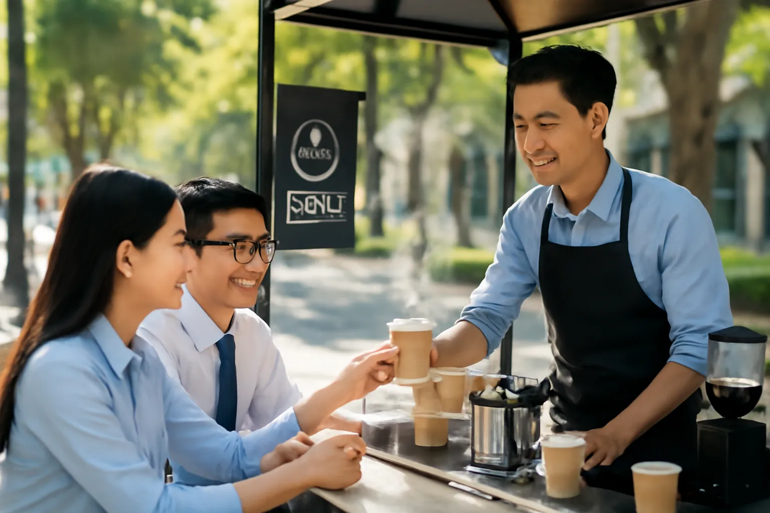 Chàng trai trẻ pha cà phê bán cho khách từ xe đẩy trên phố buổi sáng