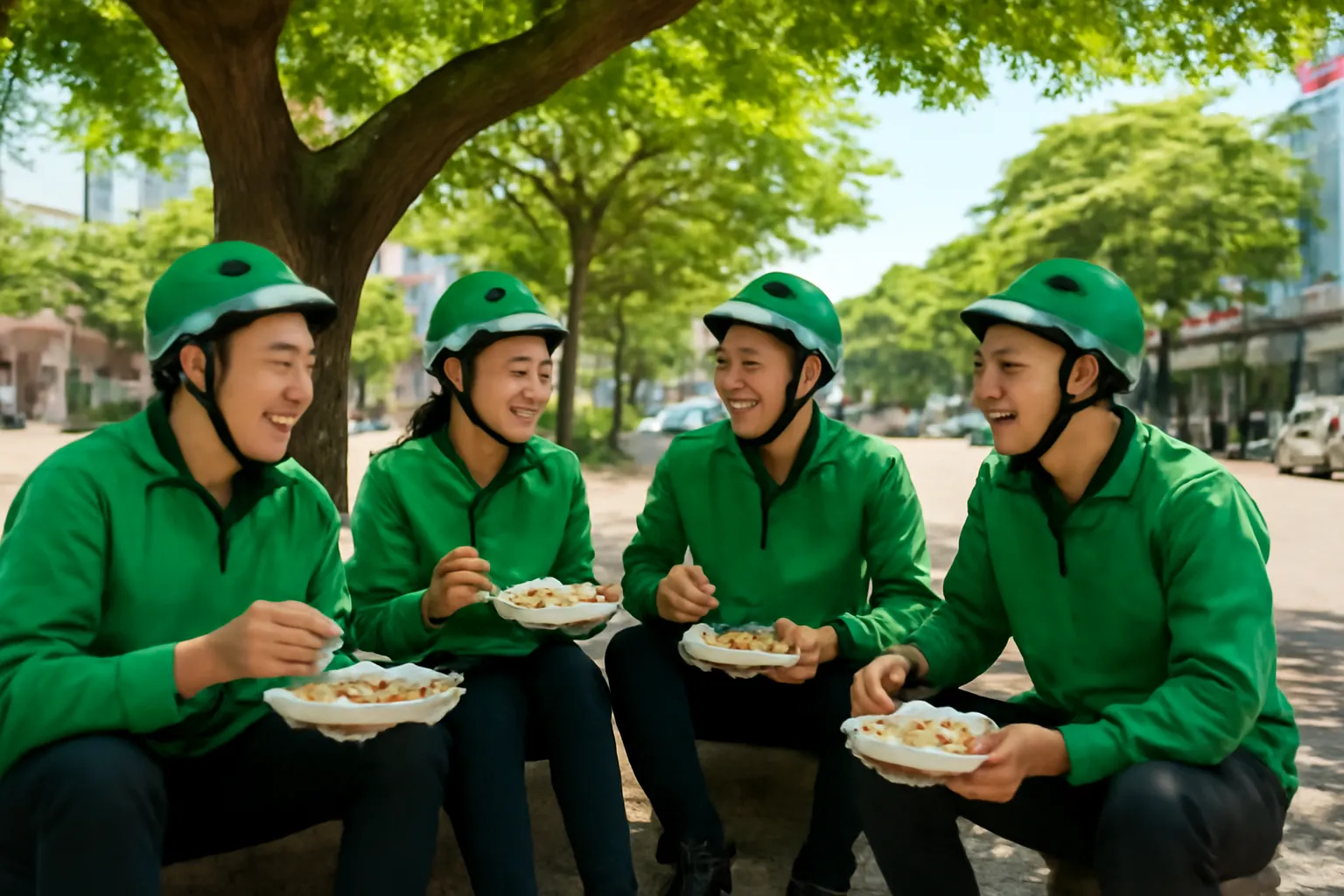 Nhóm tài xế giao hàng ngồi ăn trưa dưới gốc cây bên đường
