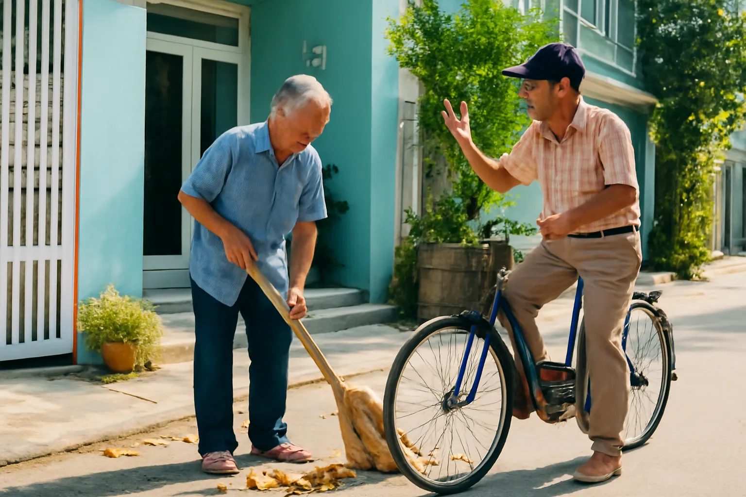 Ông cụ về hưu quét sân trước nhà, hàng xóm đi ngang dừng lại chào
