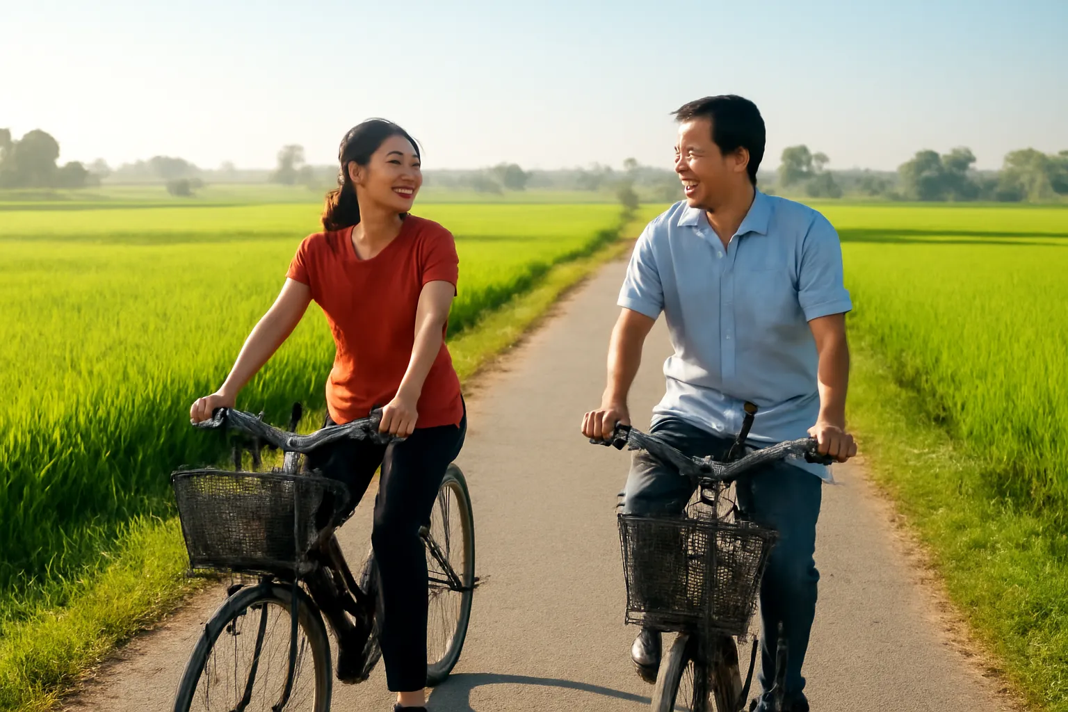 Đôi vợ chồng trung niên cùng đạp xe trên con đường làng giữa hai bên ruộng lúa