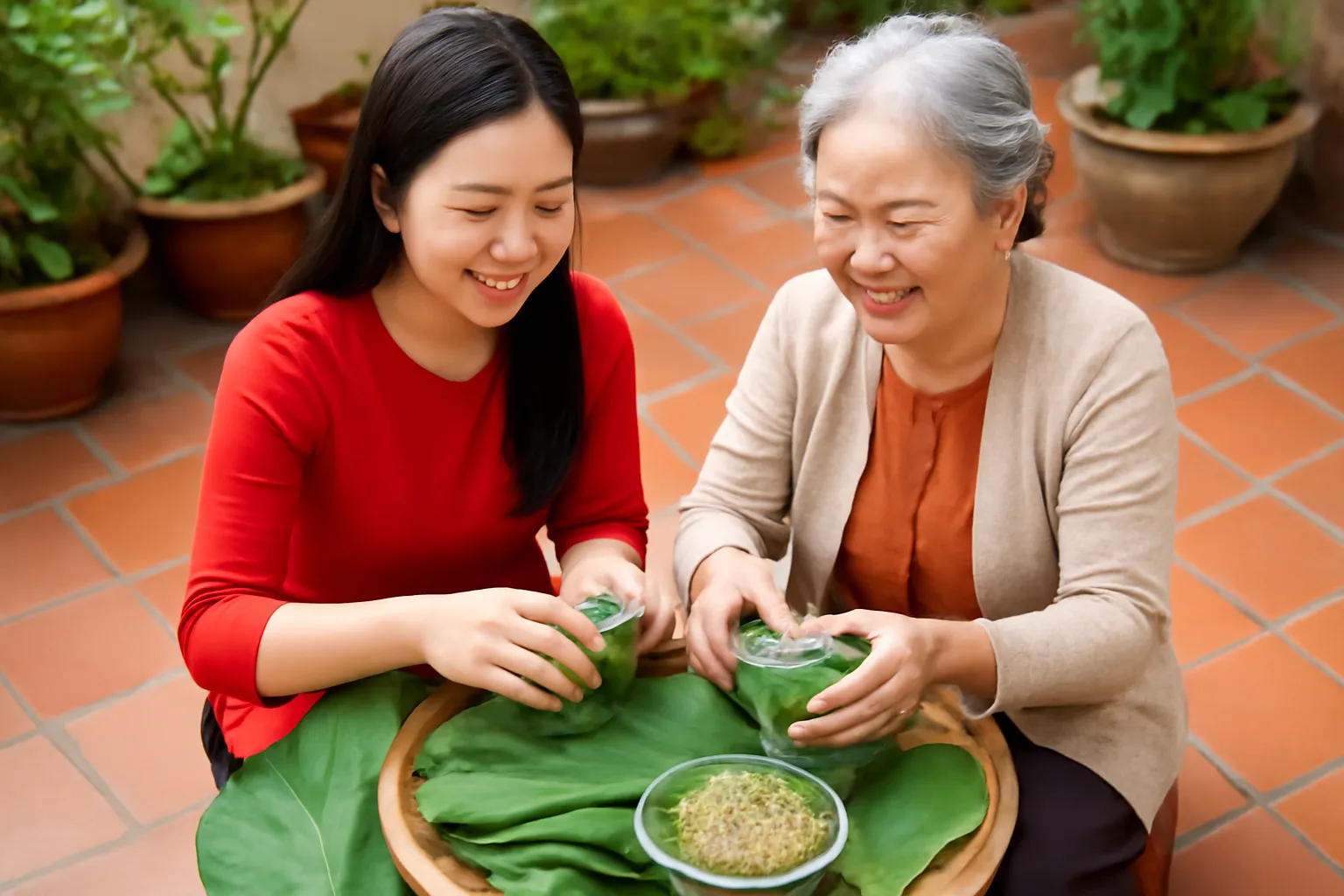 Nàng dâu trẻ cùng mẹ chồng gói bánh trong sân nhà ngày giáp Tết, cả hai cười