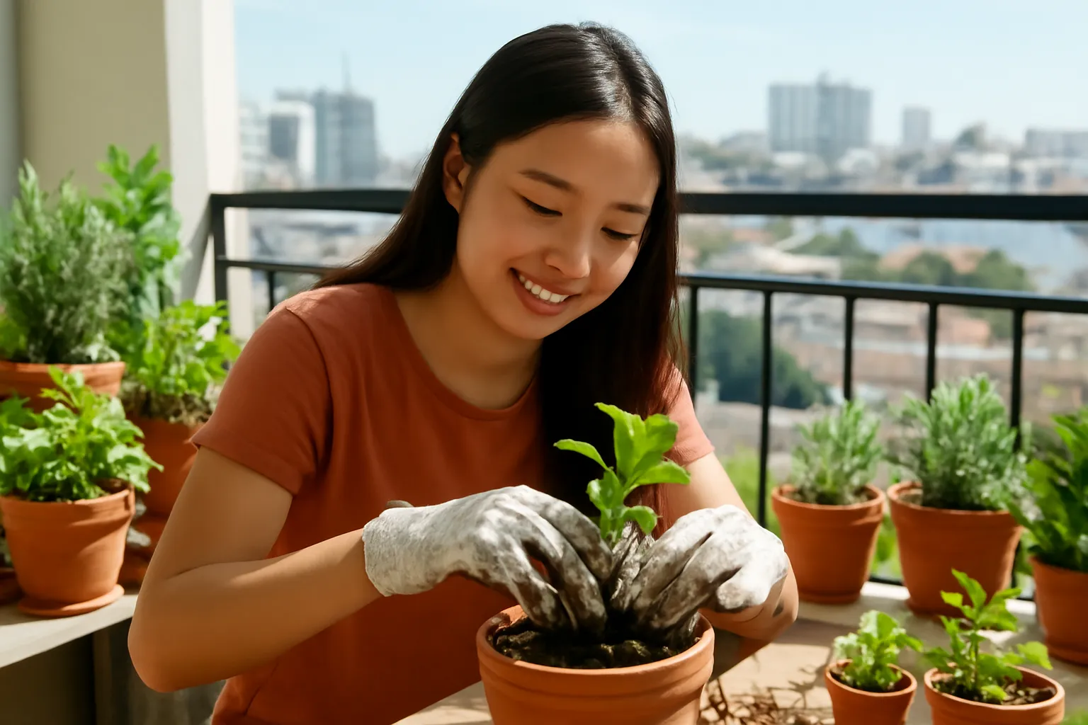 Cô gái trẻ thay chậu cho cây cảnh trên ban công căn hộ