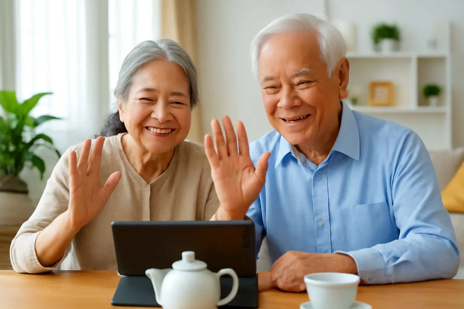 Ông bà ngồi cạnh nhau vẫy tay chào cháu qua máy tính bảng đặt trên bàn