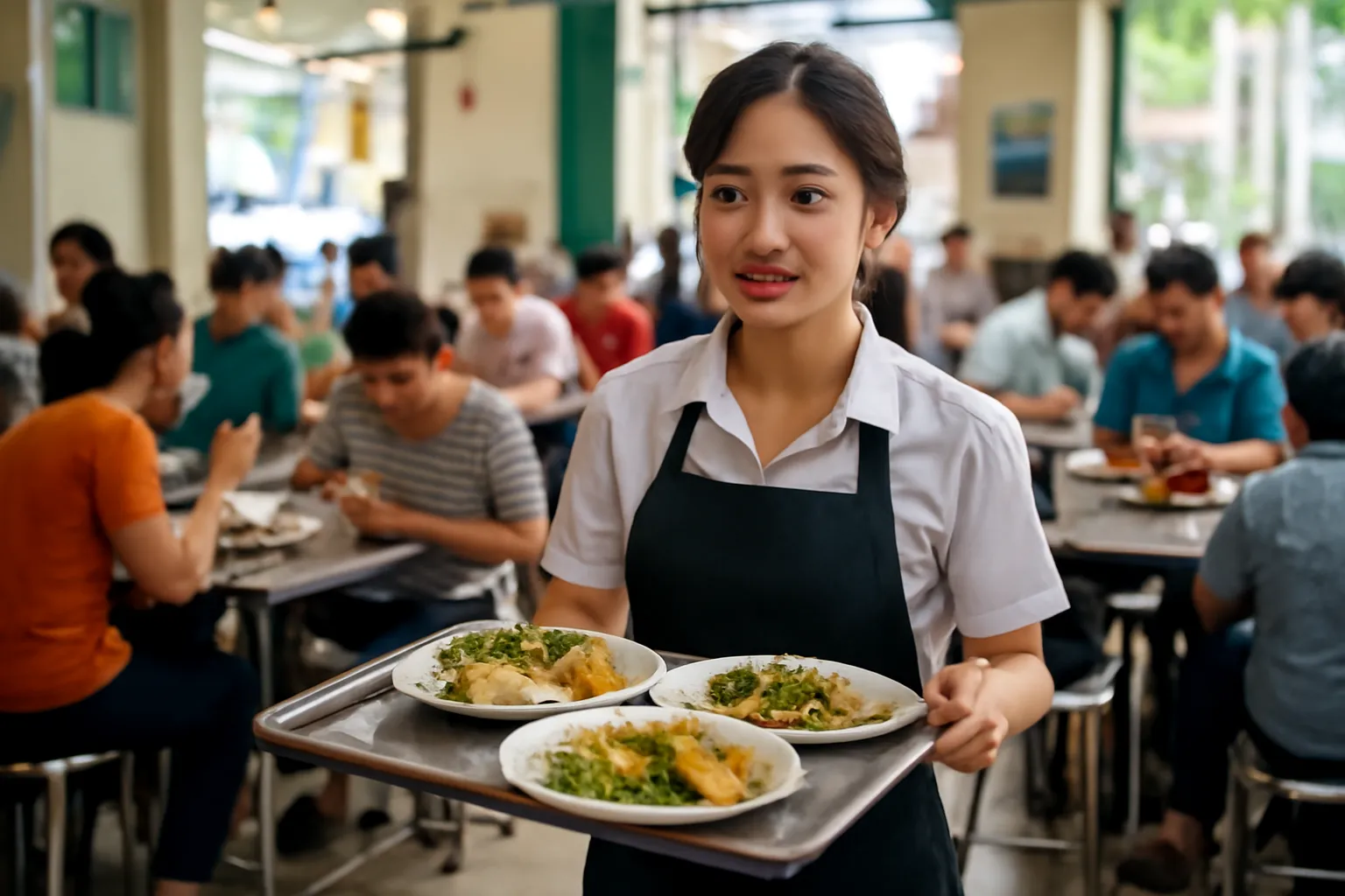 Nữ sinh viên bưng khay cơm trong quán cơm đông khách buổi trưa