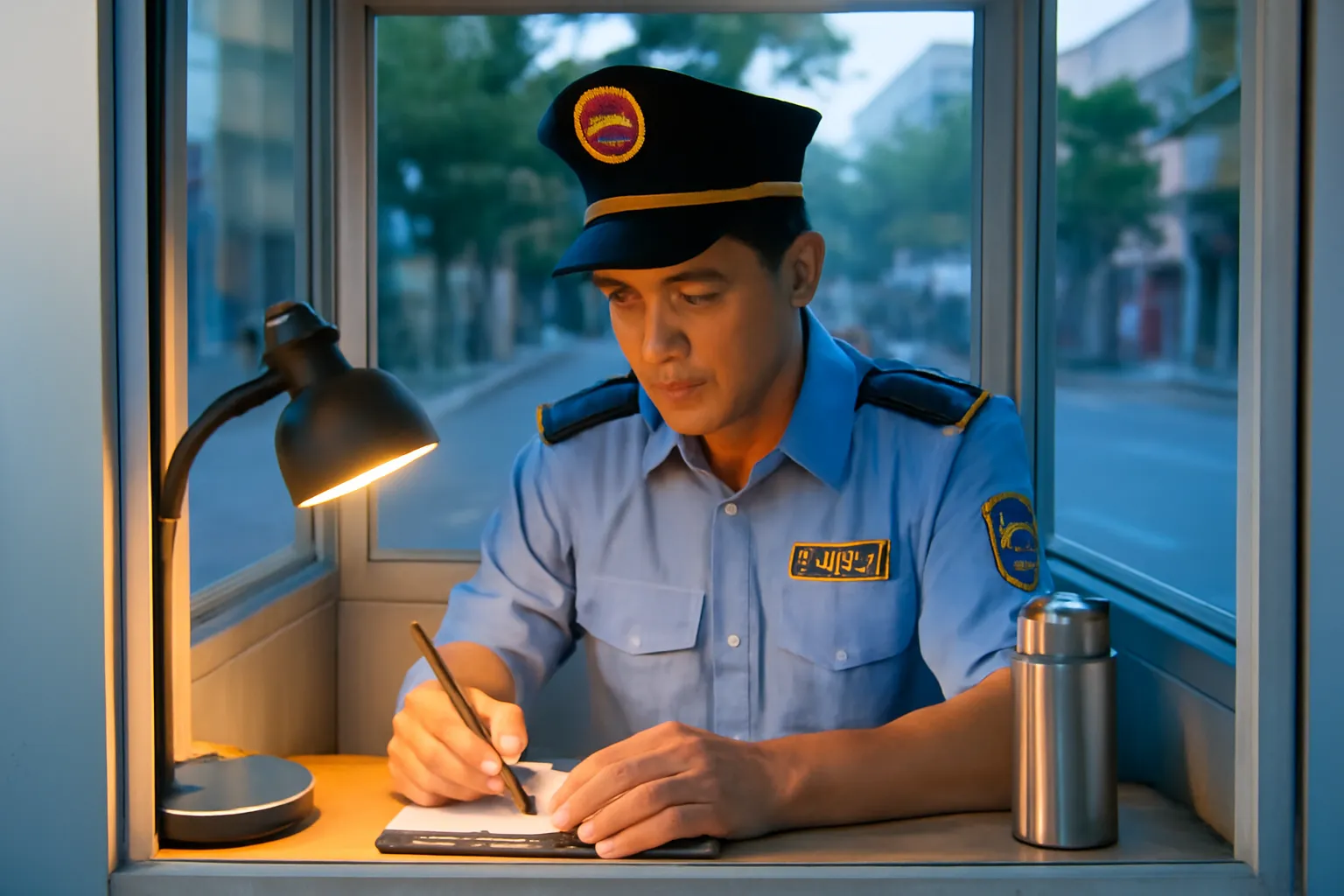 Anh bảo vệ ca đêm viết vào cuốn sổ nhỏ dưới ngọn đèn