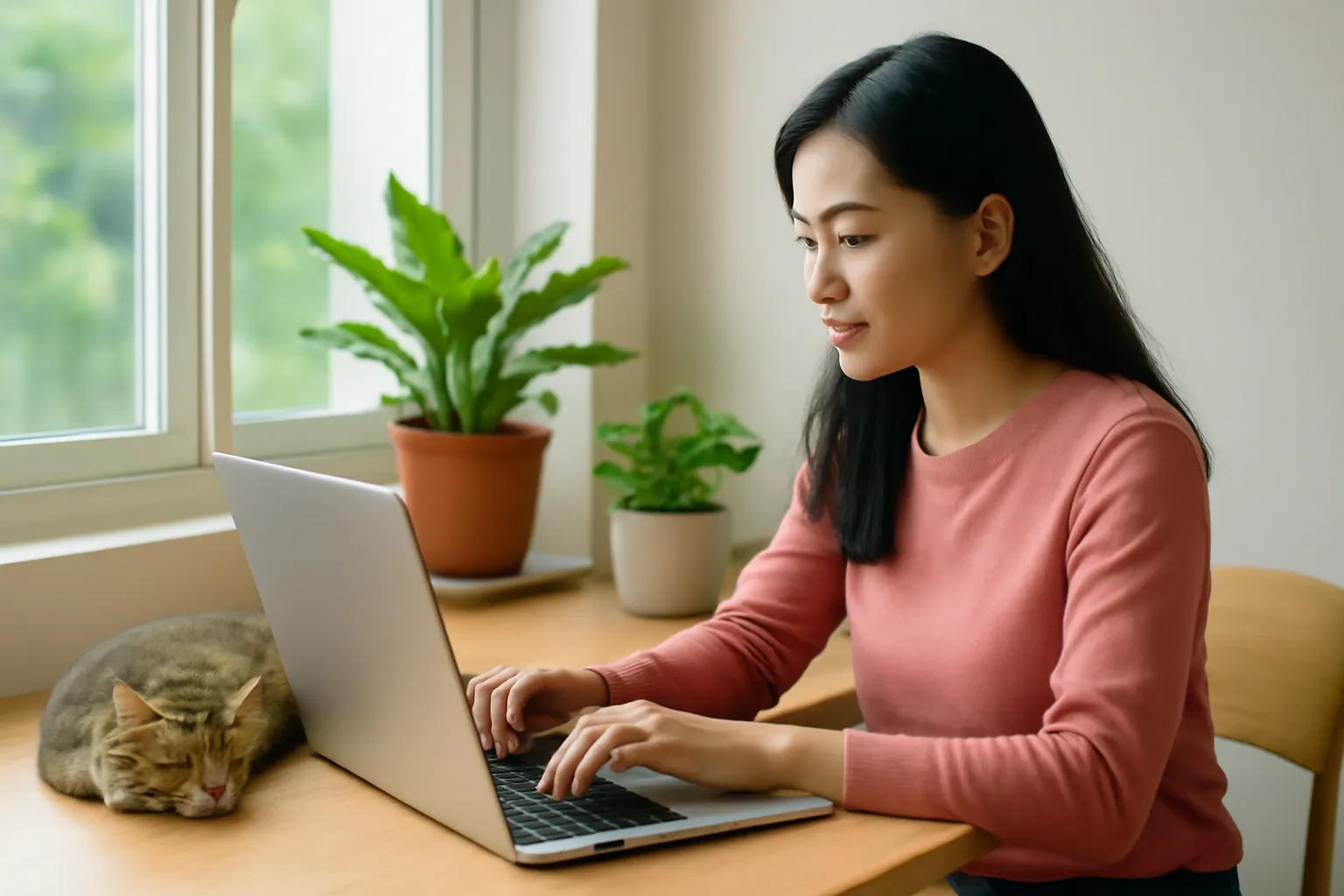 Người phụ nữ làm việc tự do với laptop ở góc bàn cạnh cửa sổ nhà, mèo nằm bên cạnh