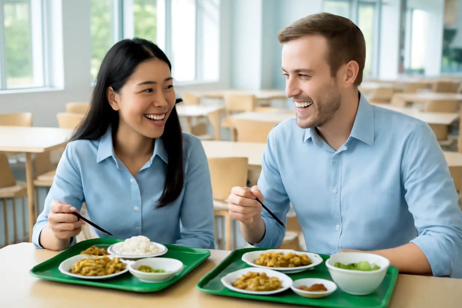 Hai đồng nghiệp một người Việt một người nước ngoài cười khi ăn trưa ở căng tin