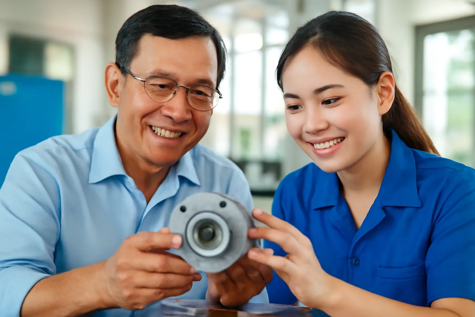 Kỹ sư lớn tuổi và nữ đồng nghiệp trẻ cùng xem một chi tiết máy trên bàn xưởng
