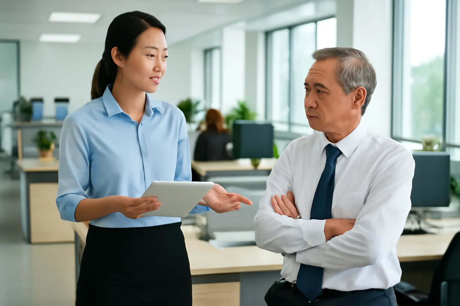 Nữ nhân viên đứng bên bàn quản lý bình tĩnh trình bày, người quản lý khoanh tay lắng nghe