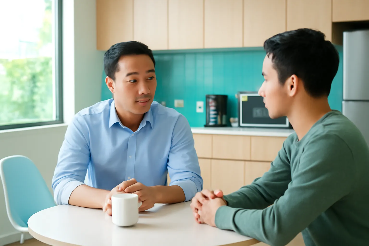 Người quản lý trẻ trò chuyện riêng với một nhân viên bên bàn tròn nhỏ trong góc pha cà phê