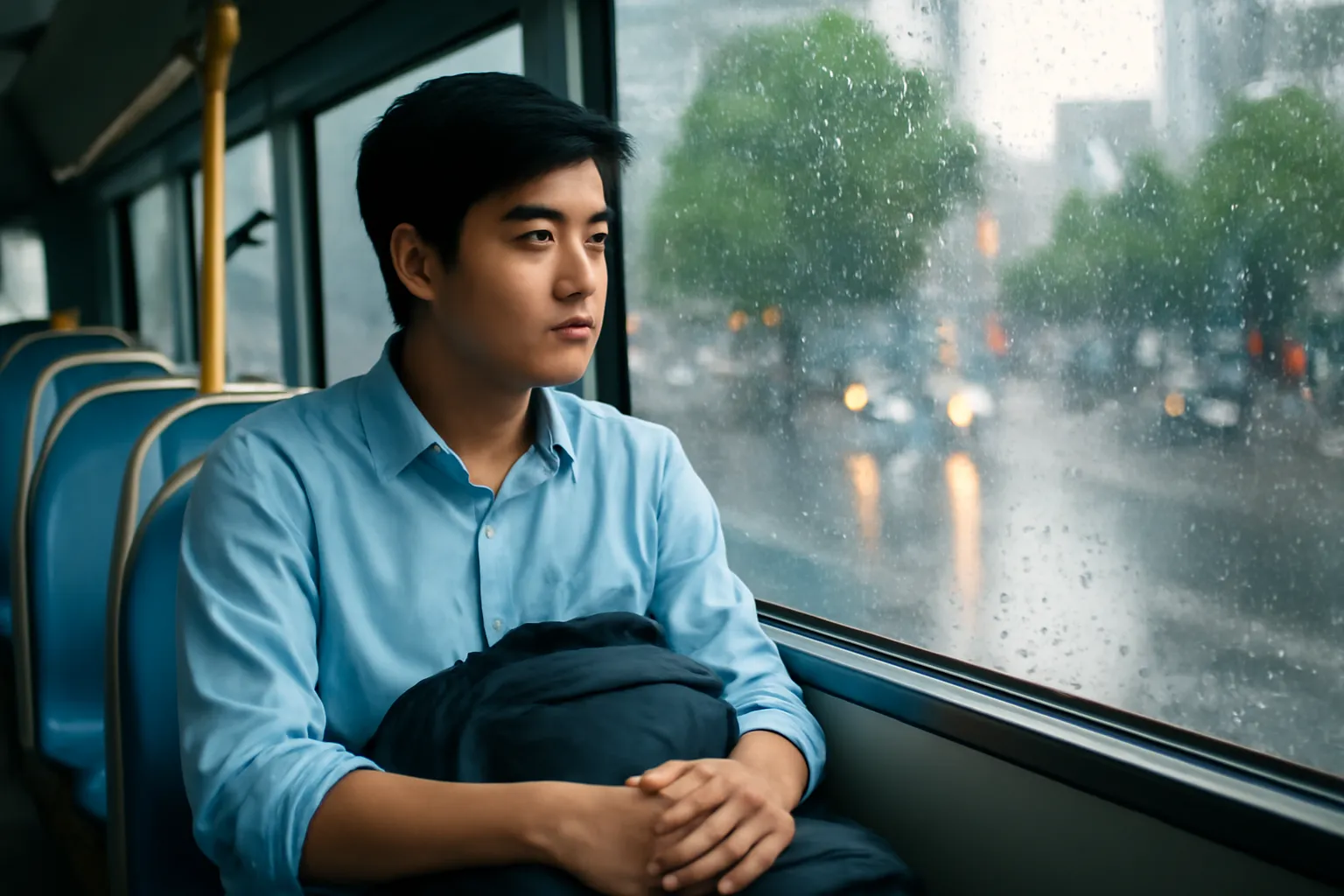 Chàng trai trẻ ngồi trên xe buýt nhìn ra cửa kính mưa