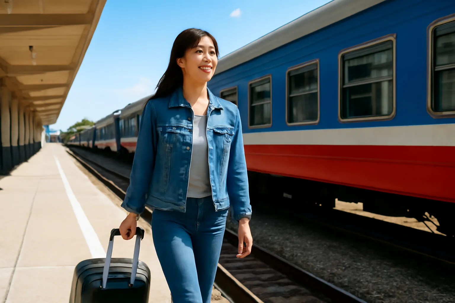 Cô gái trẻ kéo va li đi trên sân ga tàu lửa