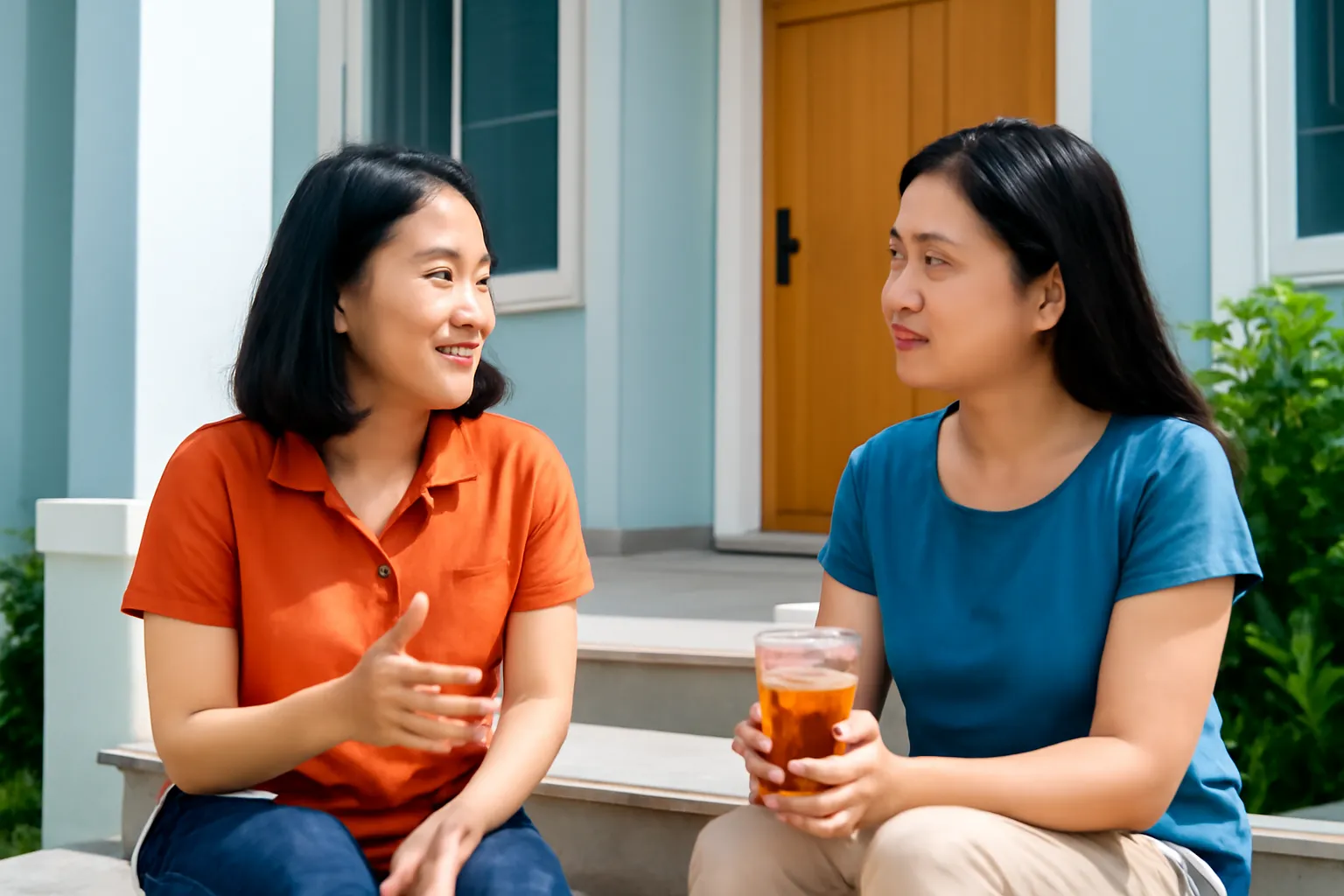 Hai người bạn ngồi bậc thềm, một người kể, một người chăm chú nghe