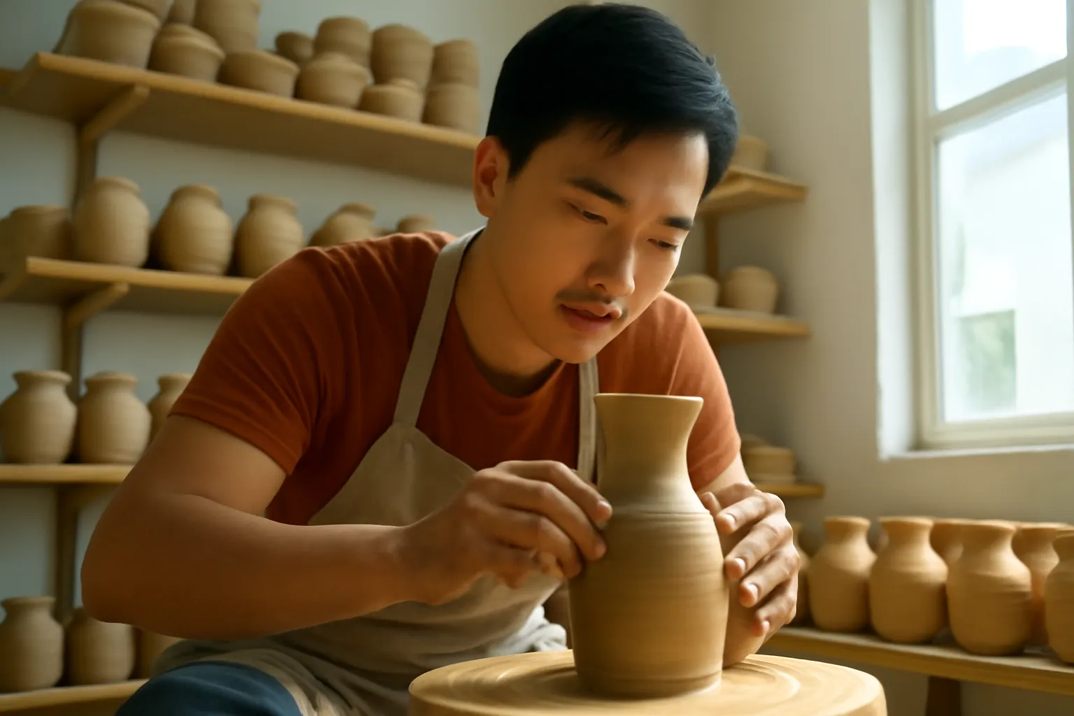 Thợ gốm trẻ vuốt chiếc bình đất trên bàn xoay trong xưởng sáng sủa