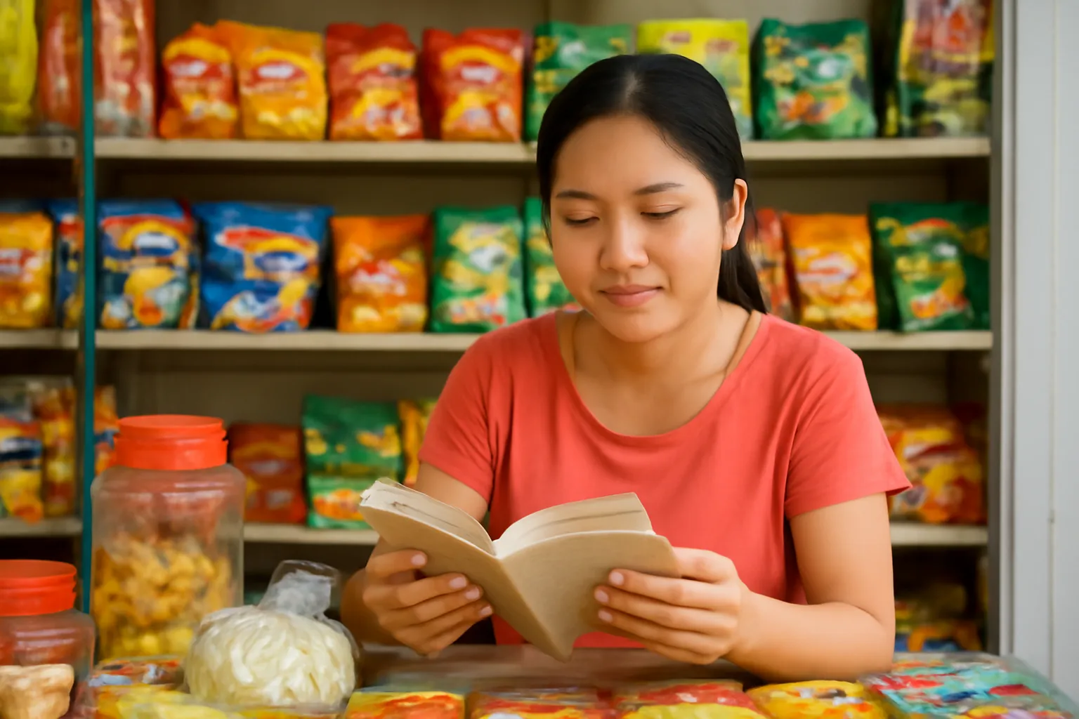Người phụ nữ ngồi sau quầy tạp hoá đọc cuốn sách mỏng lúc vắng khách