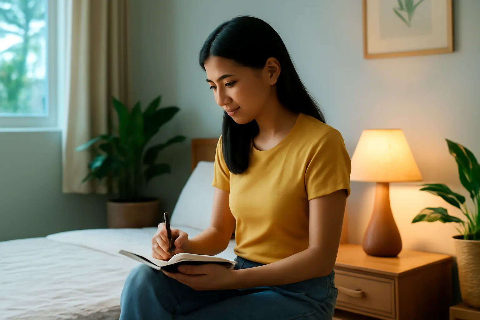 Người phụ nữ ngồi bên mép giường viết sổ dưới ánh đèn ngủ vàng dịu