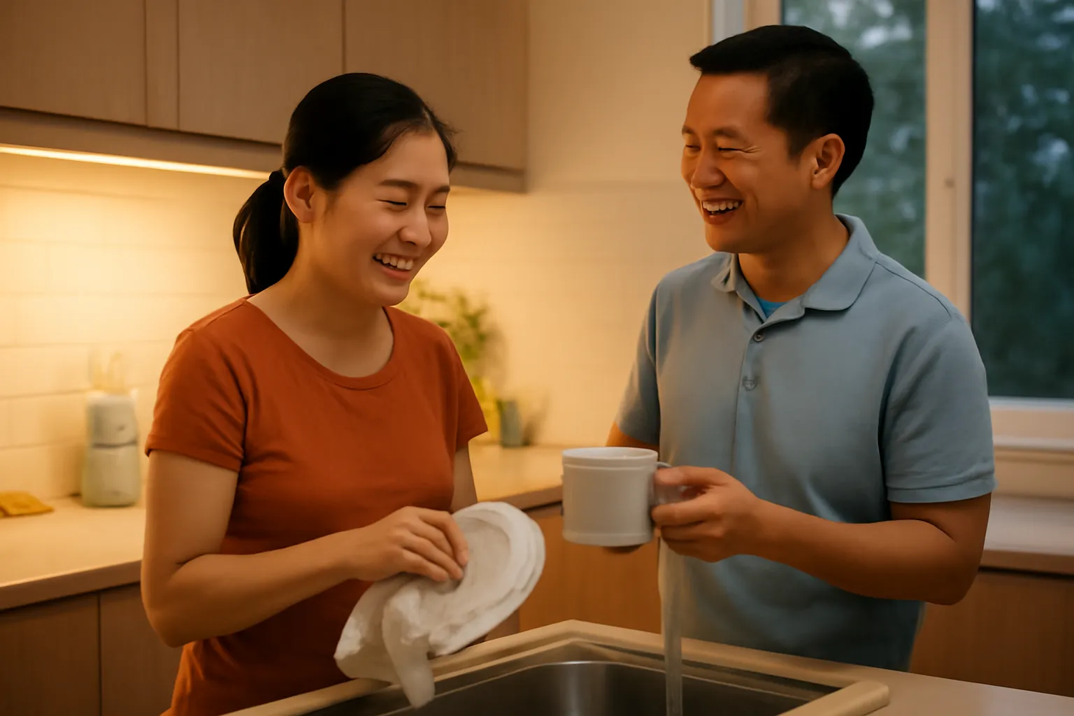 Người vợ lau bát, người chồng đưa cho cô chiếc cốc cuối cùng, cả hai cười