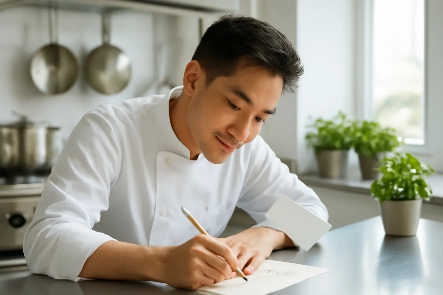 Người đàn ông viết thiệp chúc mừng trên quầy bếp nhà hàng