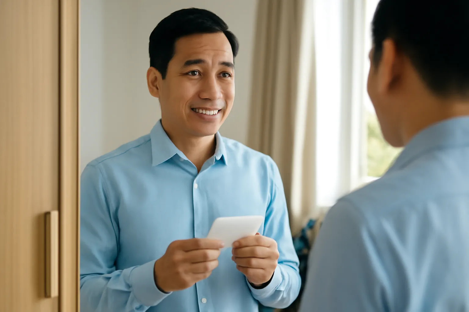 Người đàn ông tập phát biểu trước gương trong phòng