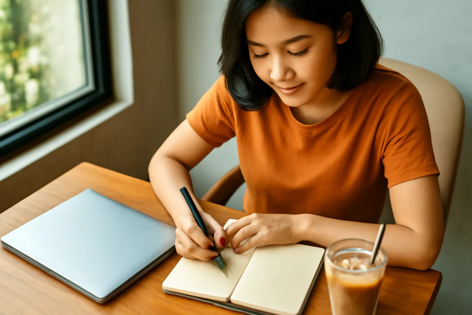 Cô gái làm thiết kế tự do đánh dấu vào sổ tay ở góc quán cà phê