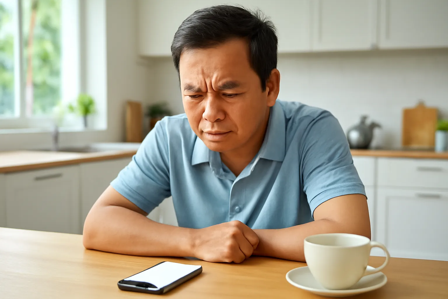 Người đàn ông trung niên nhíu mày nhìn chiếc điện thoại đang đổ chuông