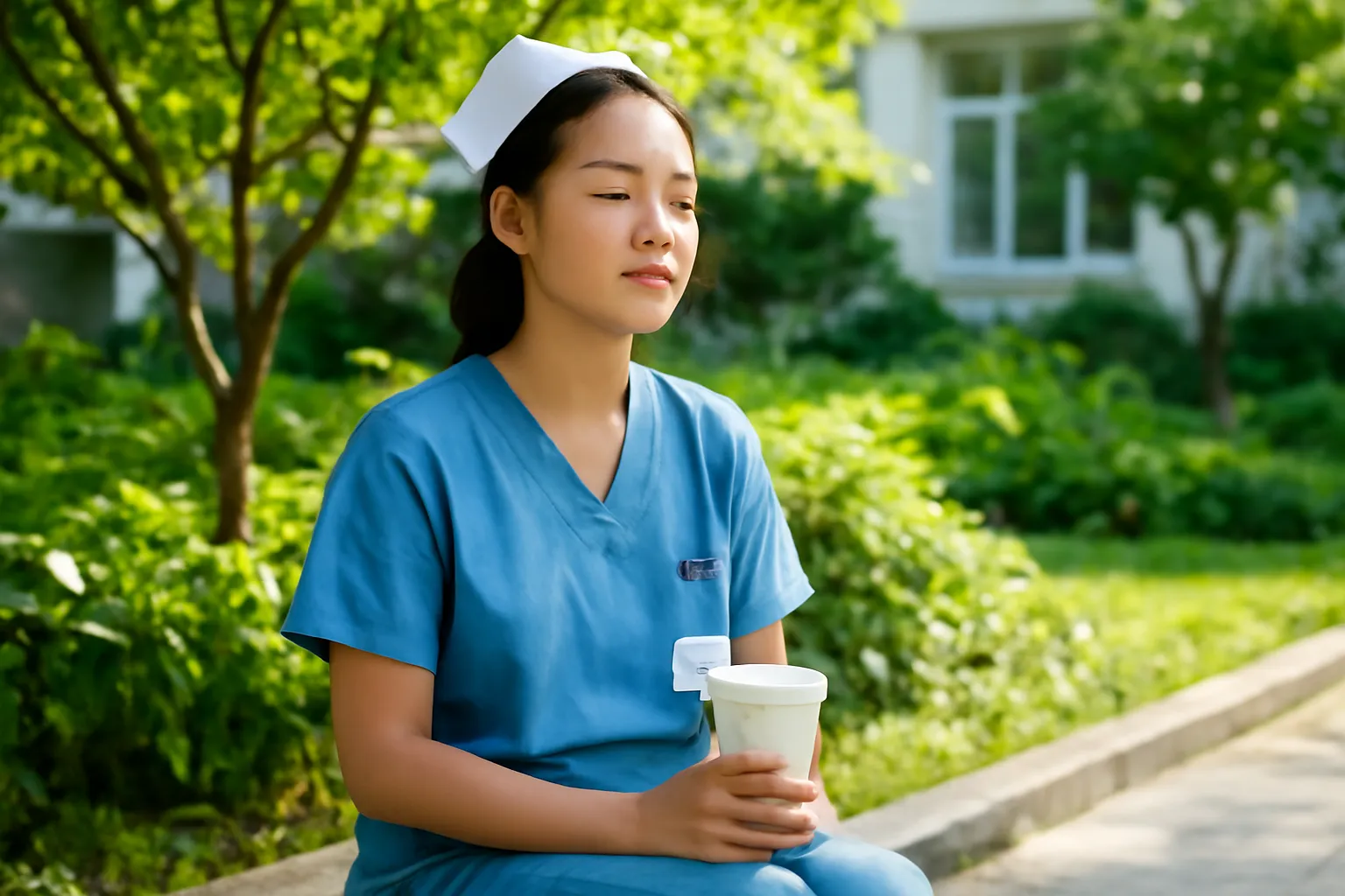 Nữ y tá ngồi nghỉ trên ghế đá trong khuôn viên bệnh viện buổi sáng